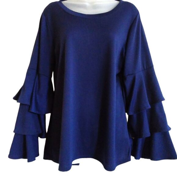 OSO Casuals Knit Top Triple Ruffled Sleeve & Ties in Back NAVY MEDIUM - Picture 1 of 5